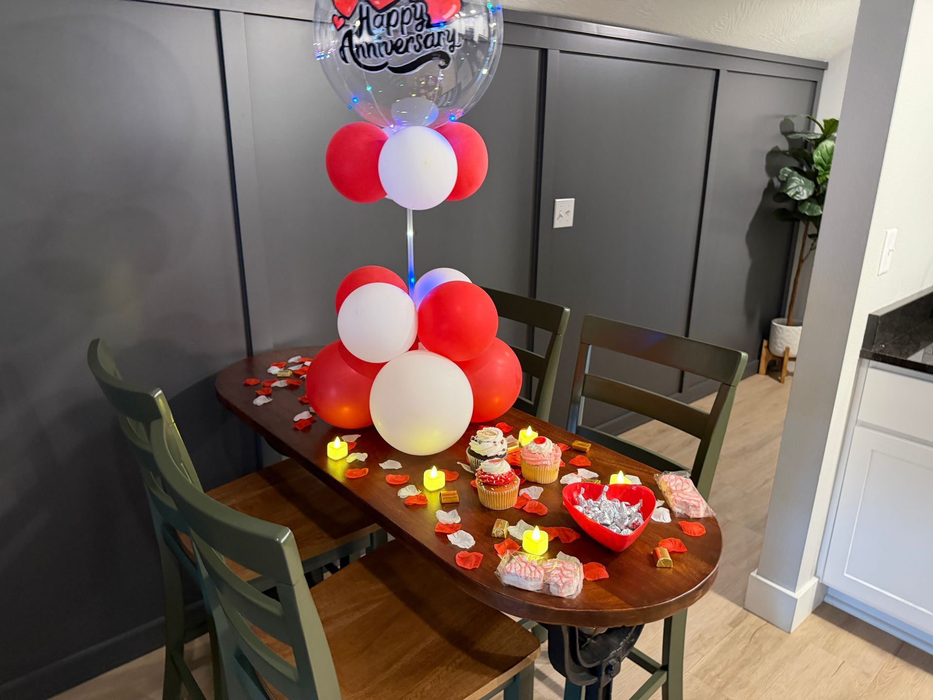 Anniversary celebration setup inside Branson Missouri condo with candles and romantic decorations