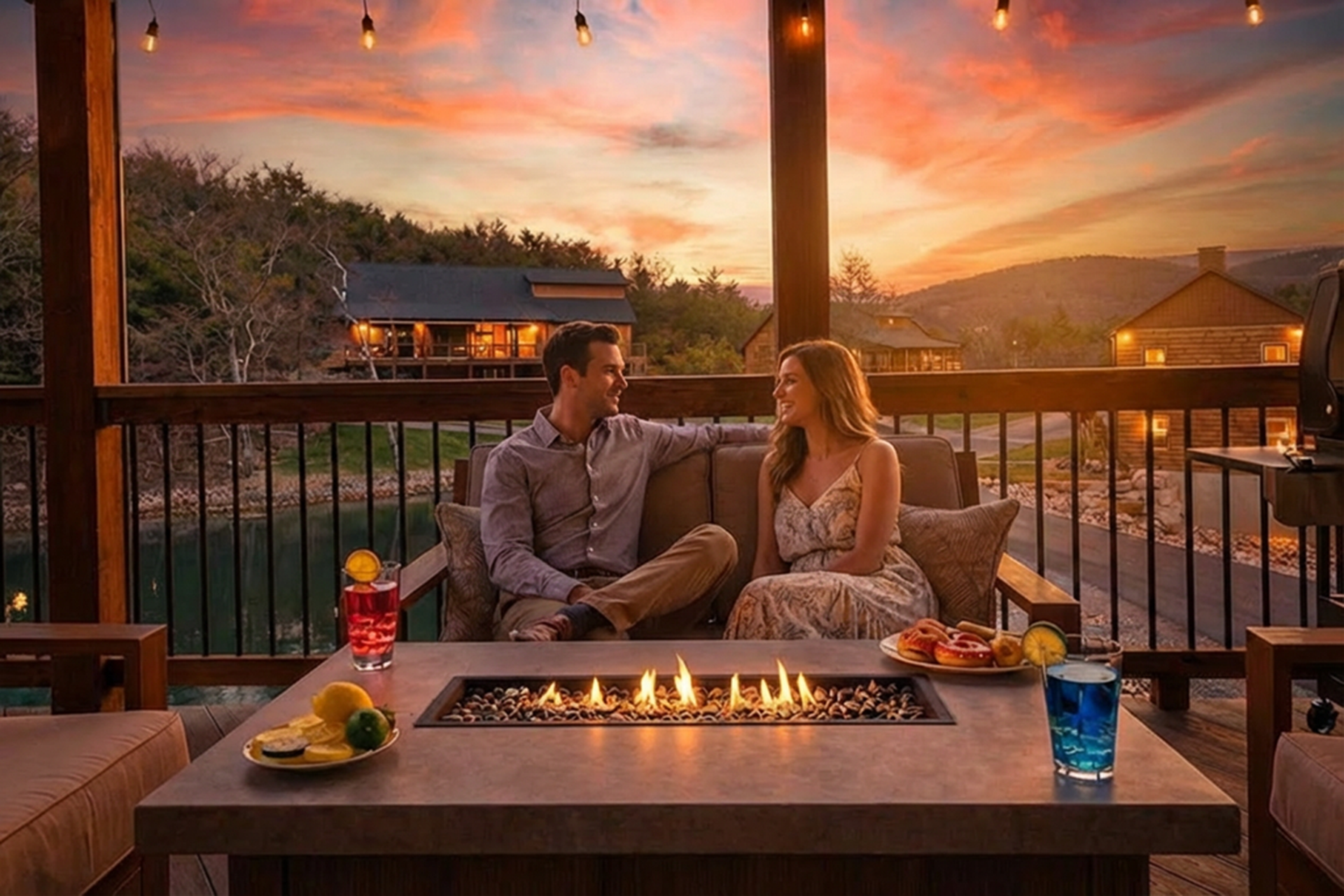 Romantic couple enjoying sunset by fire table on balcony at Branson Missouri vacation rental near Table Rock Lake