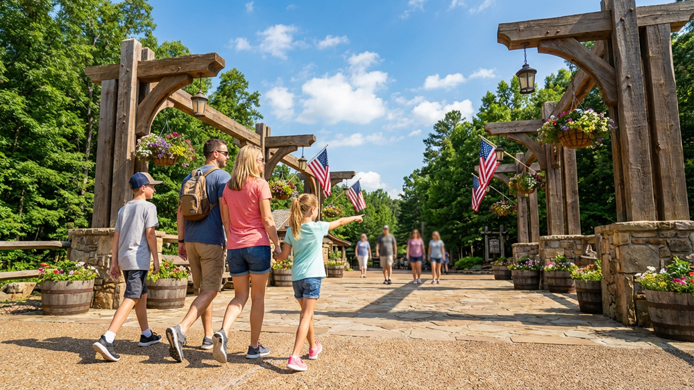 Family of four walking toward a rustic timber entrance plaza at a Branson theme park on a sunny morning