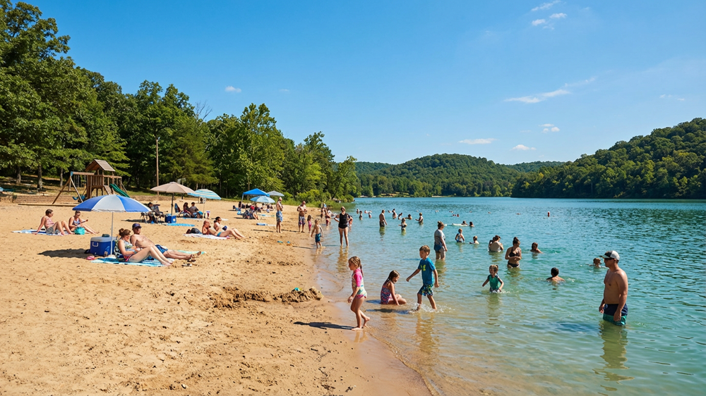 Families swimming and sunbathing at Moonshine Beach on Table Rock Lake