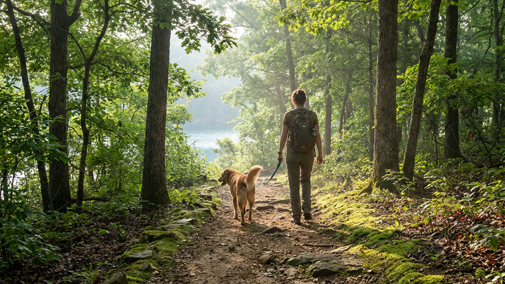 Dog hiking with its owner on an Ozark trail near Table Rock Lake in Branson, Missouri