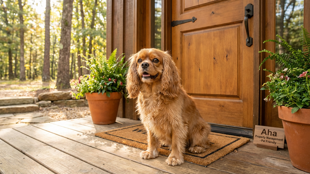 Happy dog greeting guests at the front door of a pet-friendly Branson vacation rental