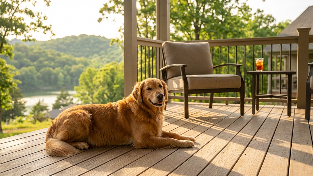 Dog relaxing on the patio of a pet-friendly Branson vacation rental with green space