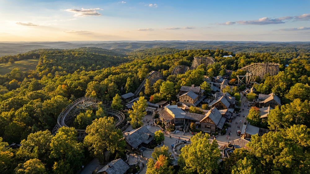 Aerial view of an 1880s-themed amusement park surrounded by Ozark Mountain forest in Branson MO
