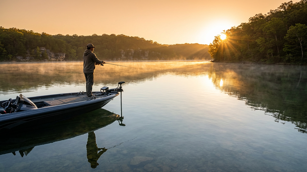 Angler bass fishing from a boat on Table Rock Lake at sunrise