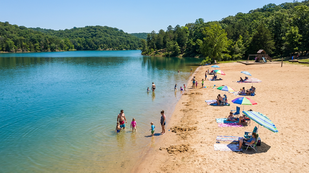 Family enjoying a pontoon boat ride on the clear waters of Table Rock Lake