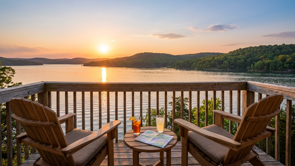 Vacation rental condo balcony with two chairs overlooking Table Rock Lake at sunset in the Ozark Mountains near Branson