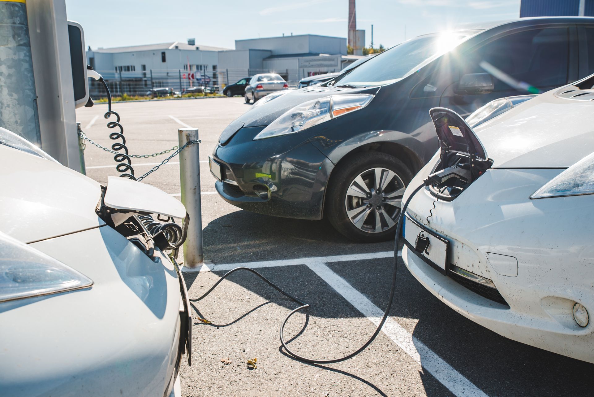 Voitures électriques en charge à une borne. Voitures blanches et noires avec câbles de recharge branchés, sur un parking.