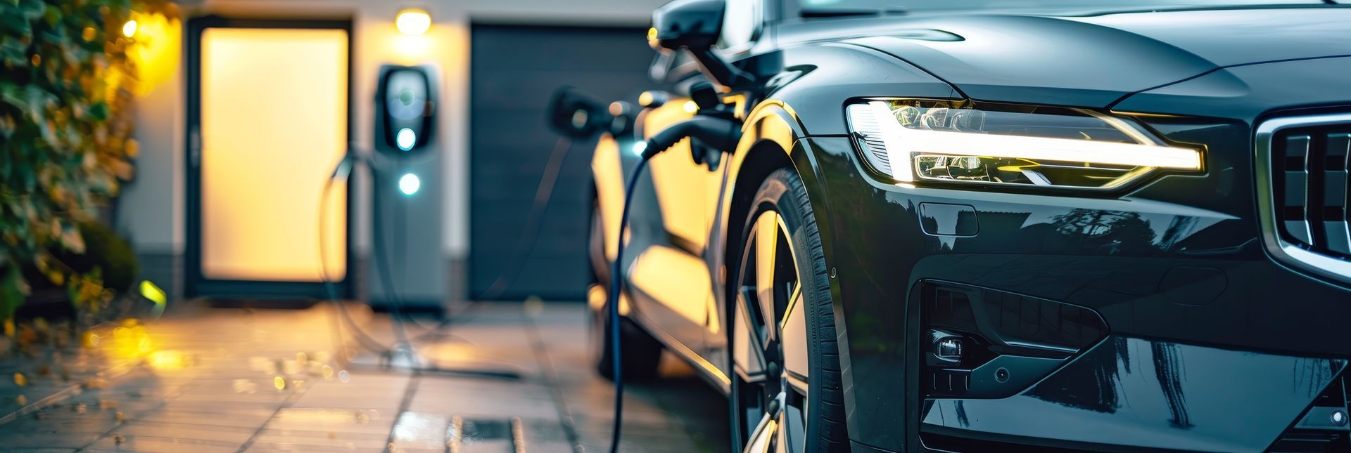Une voiture noire est en charge dans une allée, avec une borne de recharge en arrière-plan. Les phares de la voiture sont allumés.