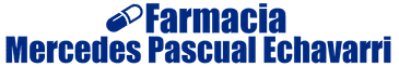 Logotipo de "Farmacia Mercedes Pascual Echavarri" con un icono de pastilla azul encima del nombre de la farmacia.