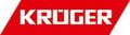 KRÜGER-Logo in Weiss auf rot-schwarzem diagonalem Hintergrund