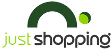Just Shopping-Logo mit grünem Bogen und limettengrünem Punkt über schwarzem und limettengrünem Text