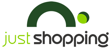 Just Shopping-Logo in Grün und Schwarz mit einem stilisierten Einkaufsbogen-Symbol