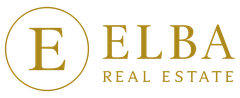 Logotipo para Elba Real Estate: "E" dorada en un círculo, "ELBA" y "REAL ESTATE" en fuente dorada.