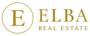 Logotipo para Elba Real Estate: "E" dorada en un círculo, "ELBA" y "REAL ESTATE" en fuente dorada.
