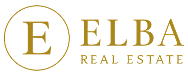 Logotipo para Elba Real Estate: "E" dorada en un círculo, "ELBA" y "REAL ESTATE" en fuente dorada.