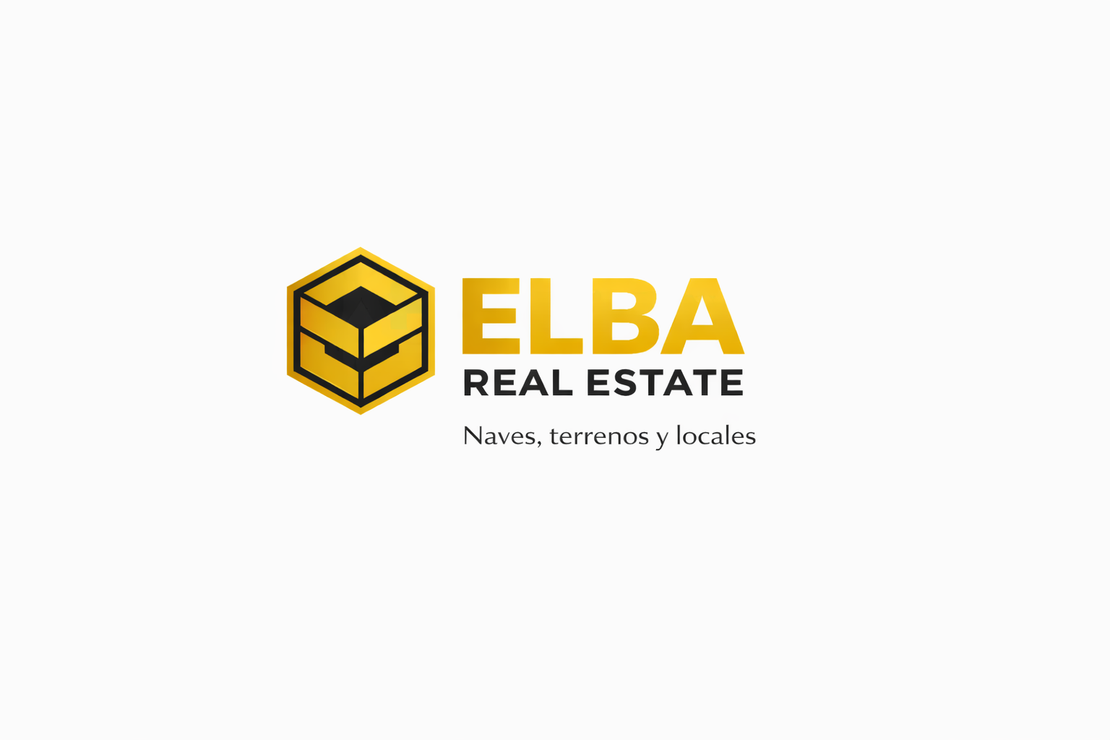 Logotipo de Elba Real Estate, que presenta un icono hexagonal dorado con el centro negro y el texto