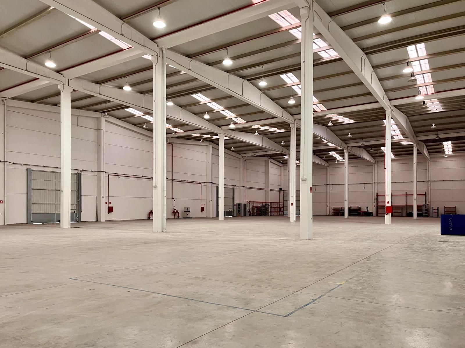 Interior de almacén vacío con piso de concreto, paredes blancas y soportes de acero.