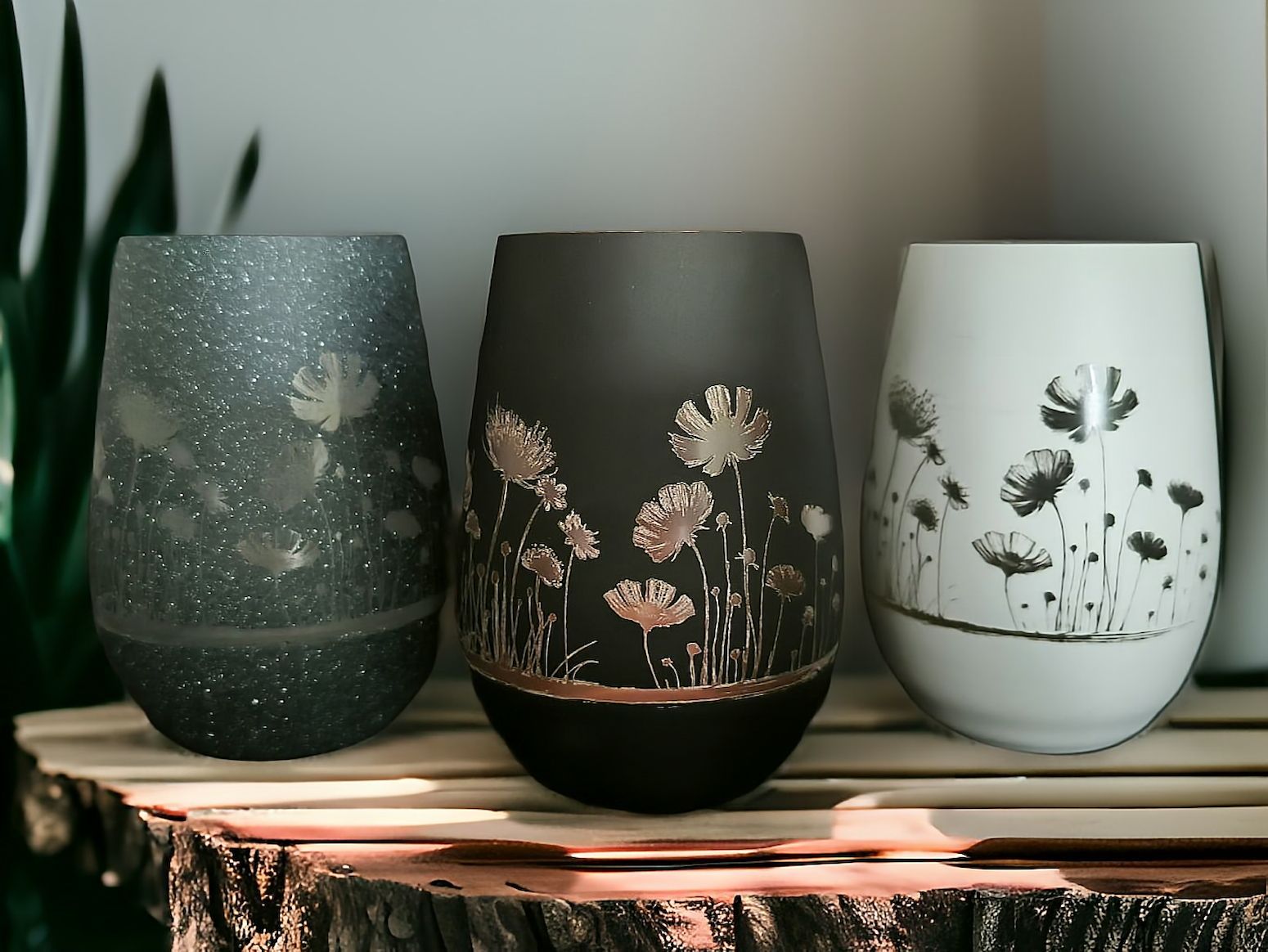 Drei gravierte Vasen mit Blumenmotiv stehen auf einem Holzregal.