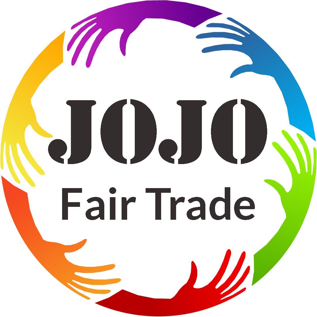 Ein Logo für Jojo Fair Trade mit bunten Händen im Kreis