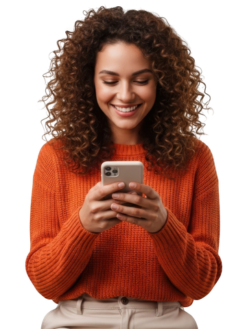 Une personne souriante regarde son smartphone.