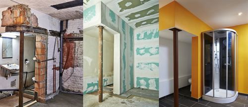 Eine Collage aus drei Bildern eines im Bau befindlichen Badezimmers.