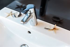 Ein Waschbecken im Badezimmer mit einem Wasserhahn und einem Seestern darauf.