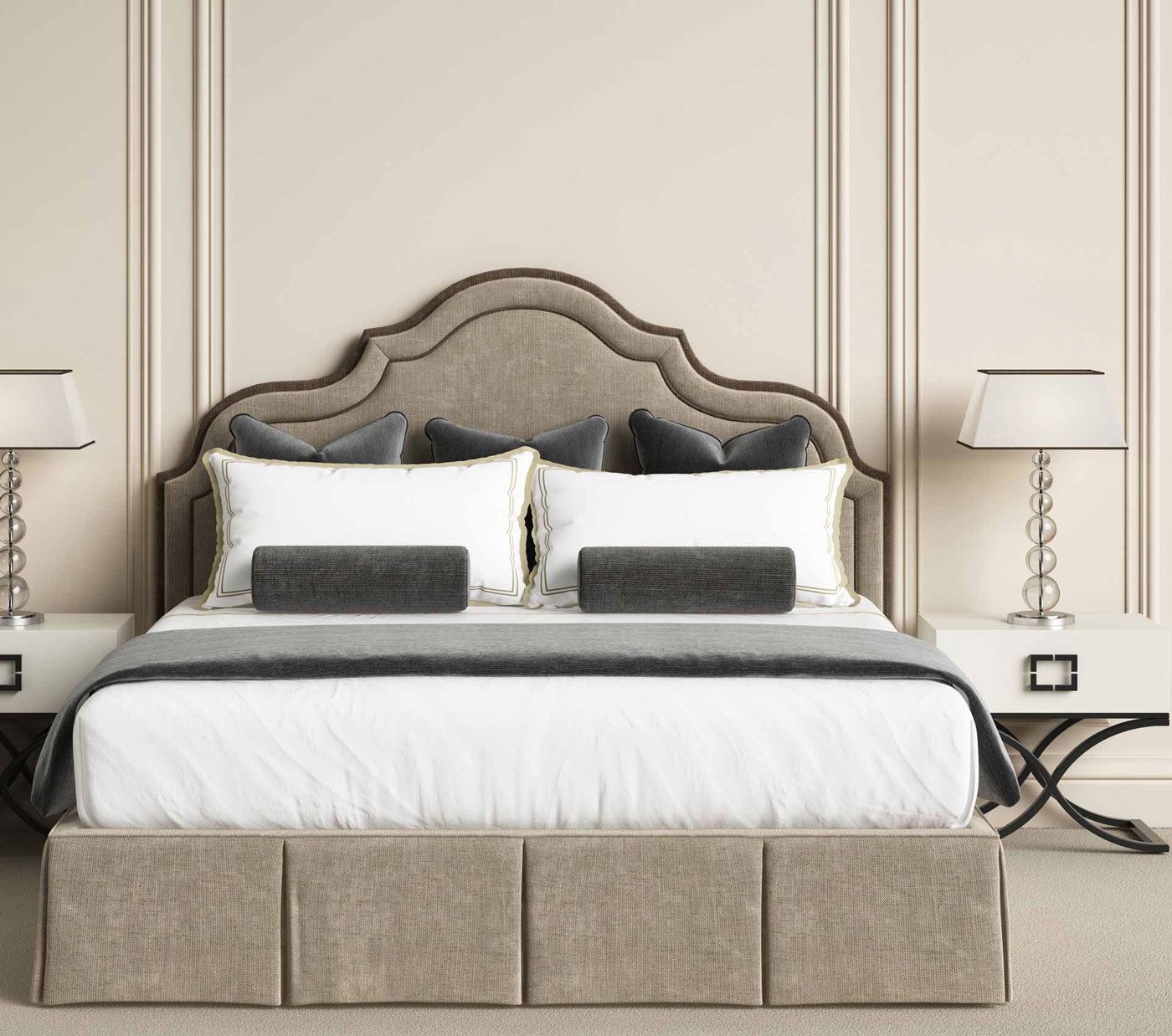 Tête de lit et décor de lit sur mesure dans les tons beige et marron