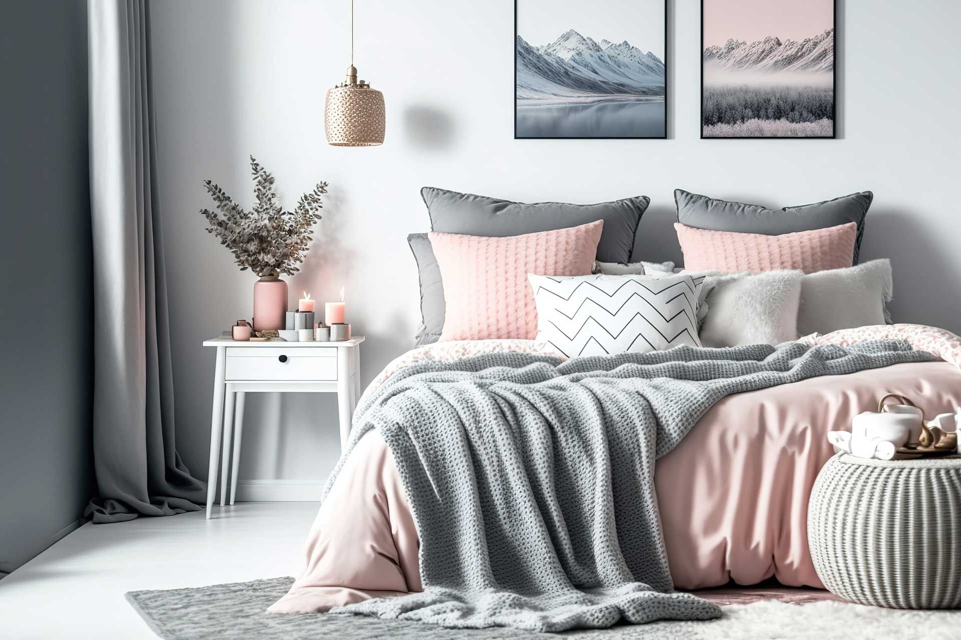 Couvre-lit et ensemble de linge de lit assorti à la décoration de la chambre dans les tons gris et rose