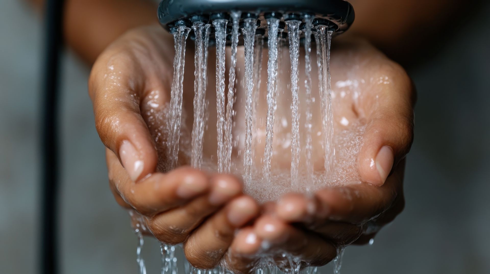 Mains en coupe sous le jet d'eau de la douche