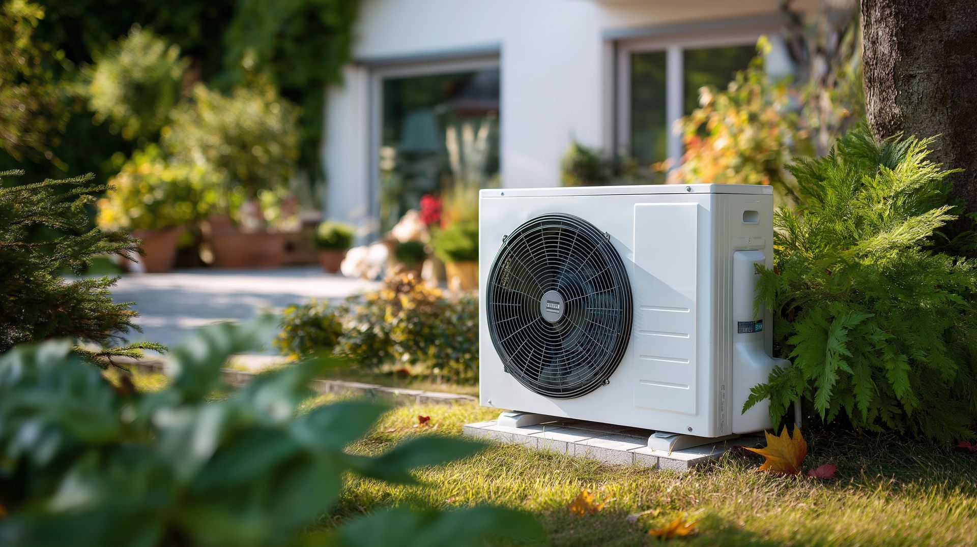 Unité de climatisation extérieure blanche à côté d'une maison, entourée d'arbustes et d'herbe verte.