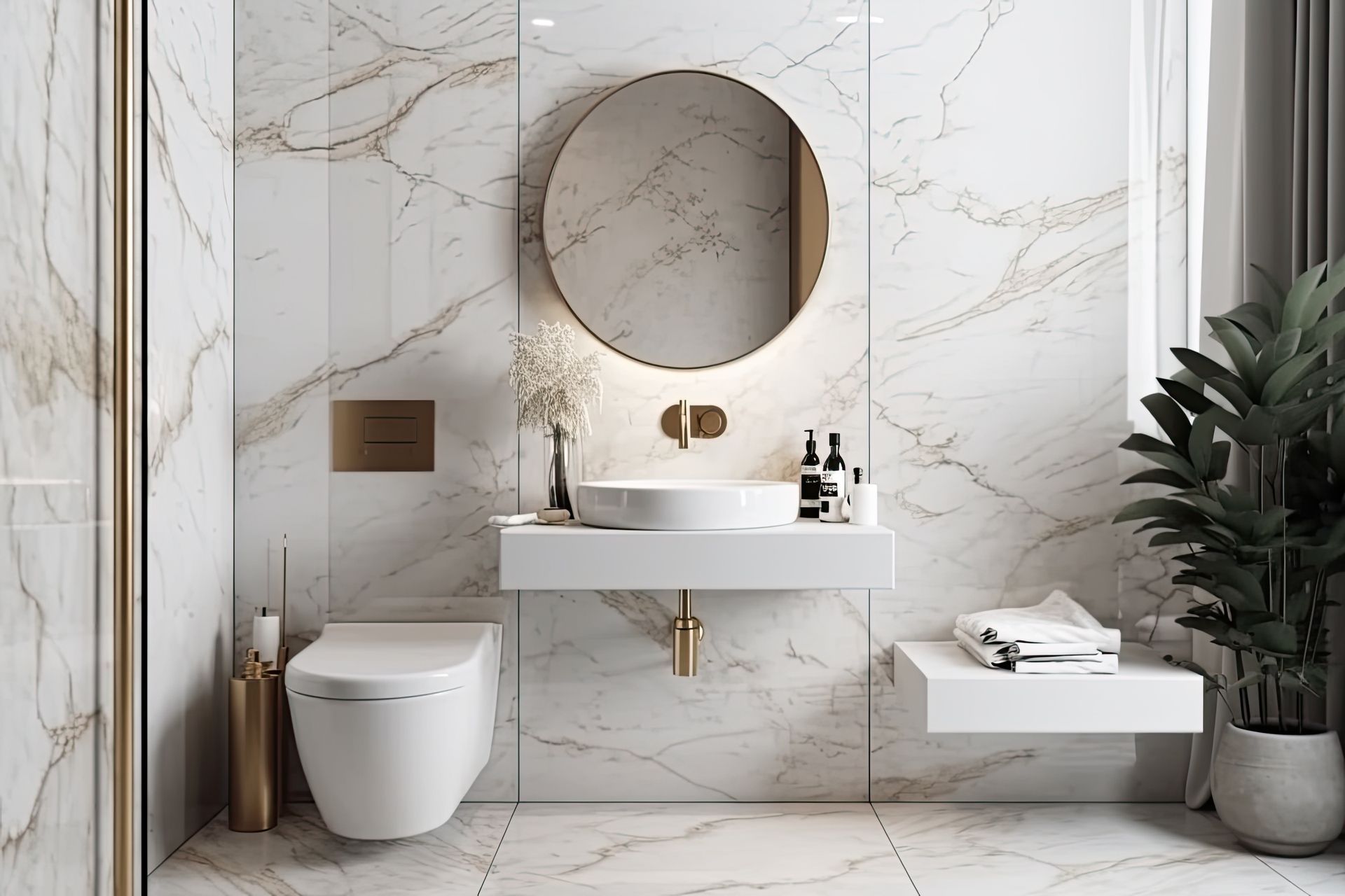 Salle de bains moderne en marbre blanc avec miroir rond, meuble-lavabo suspendu, toilettes suspendues et plante en pot