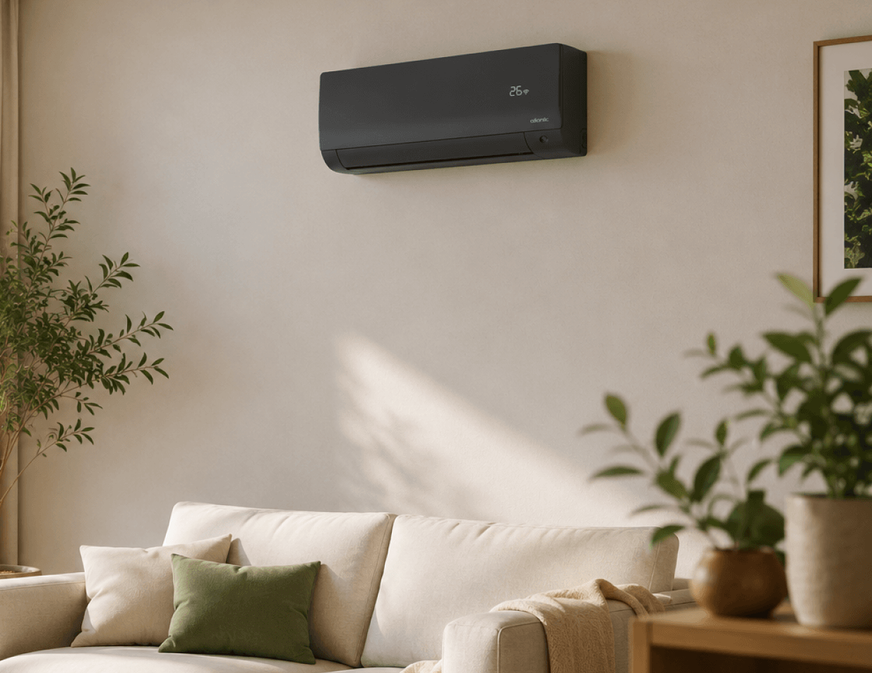 Des mains tiennent un tournevis devant une climatisation.