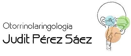 Logotipo de la otorrinolaring&oacute;loga Judit P&eacute;rez S&aacute;ez, que presenta un dibujo lineal de una cabeza humana con la oreja, la nariz y la garganta coloreadas.