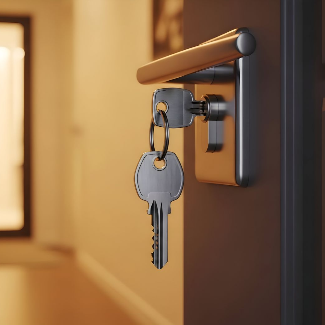 Poignée de porte avec clés dans la serrure, or et argent, couloir intérieur.