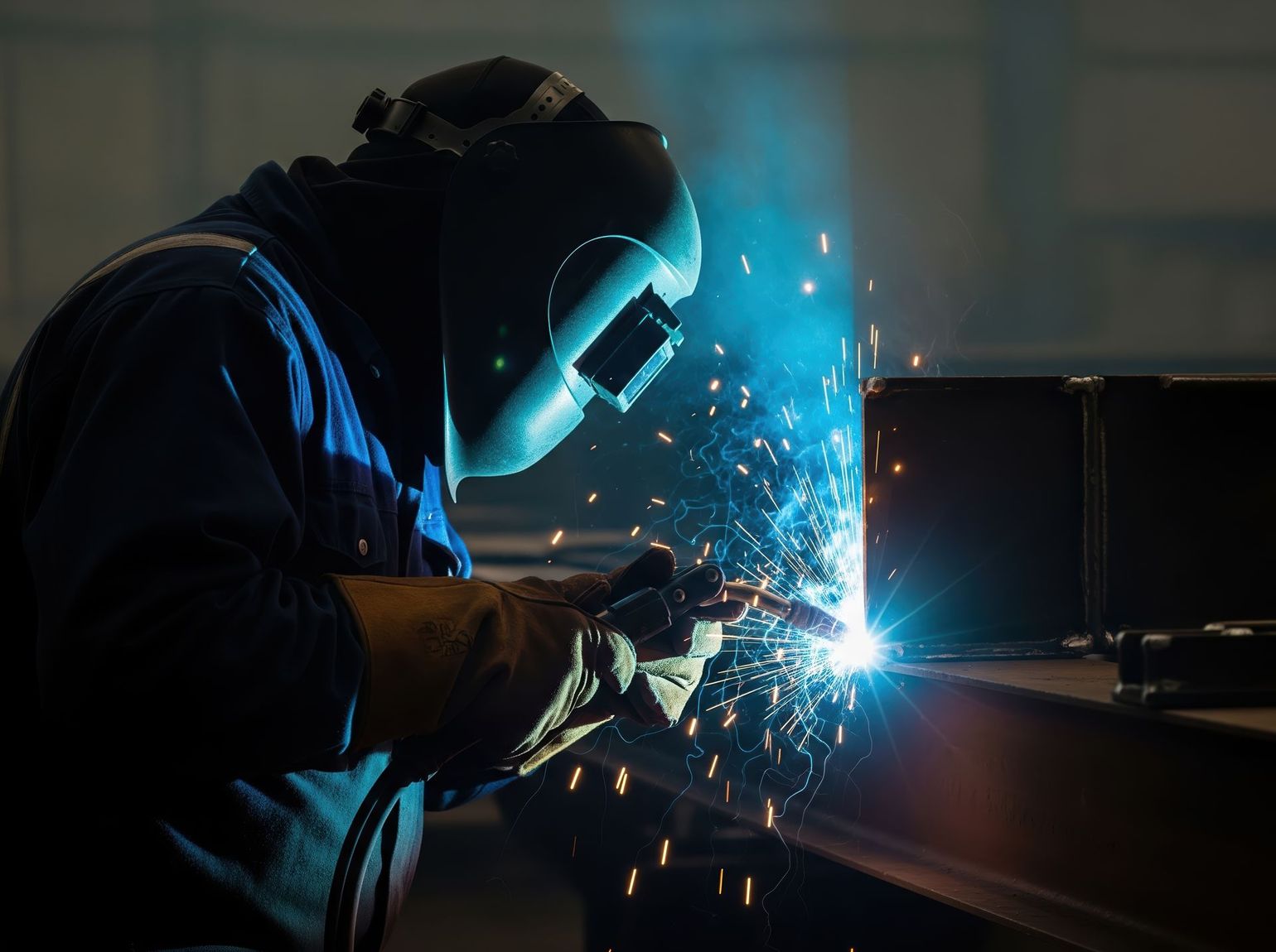 Soudeur en uniforme bleu soudant le métal avec des étincelles et une lumière vive.
