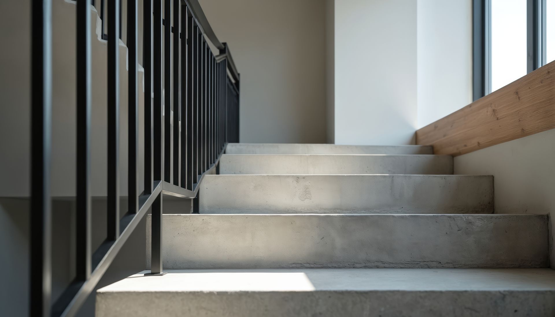 Escalier en béton avec rampe en métal noir, lumière du soleil provenant d'une fenêtre.