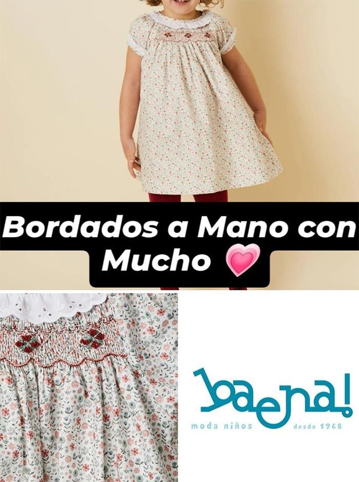 Niña con vestido floral blanco con bordado a mano y leggings rojos.