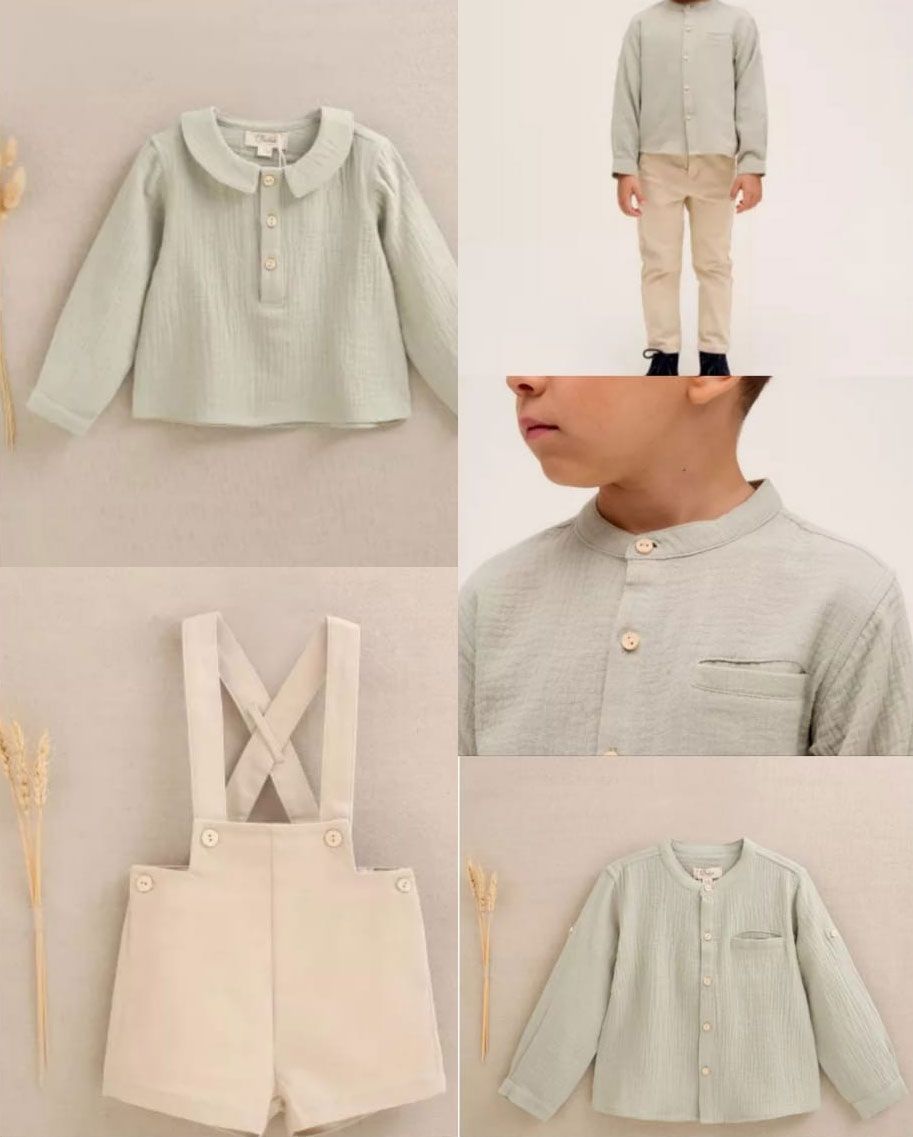 Conjunto para niños: camiseta verde, pantalón corto color crema con tirantes.