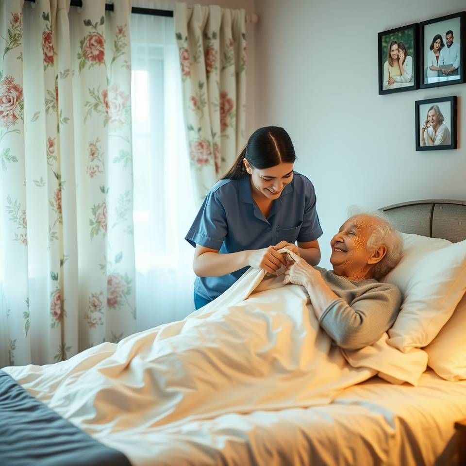 Eine Pflegekraft in blauer Arbeitskleidung lächelt einer älteren Person im Bett zu und hält deren Hand.