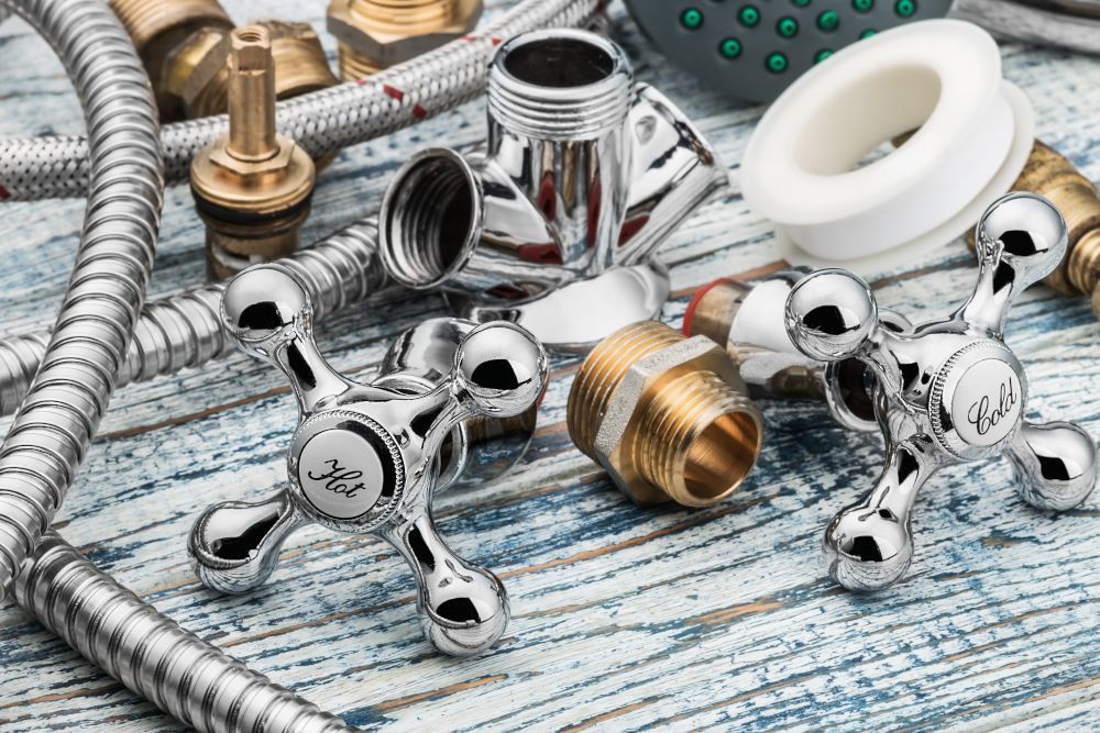 Étalage de robinetteries et de flexibles.