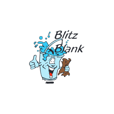 Blitz Blank-Logo mit einer lächelnden blauen Comicfigur, die einen Daumen nach oben und einen braunen Gegenstand hält und Wasser spritzt