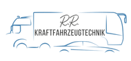 Logo für RR Kraftfahrzeugtechnik mit blauen Linienumrissen eines Lastwagens und eines Pkw, mit dem Text in der Mitte.