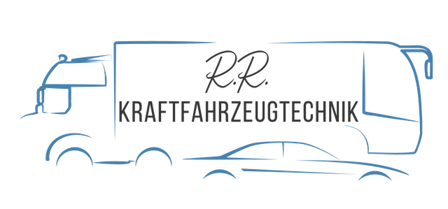 Logo für RR Kraftfahrzeugtechnik mit blauen Linienumrissen eines Lastwagens und eines Pkw, mit dem Text in der Mitte.
