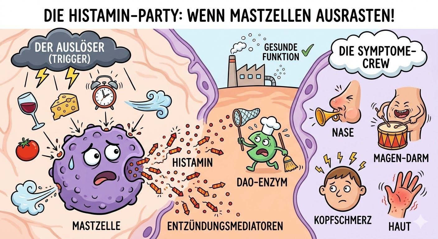 Kopfschmerz, Bauchgrummeln oder Flush? Erfahre humorvoll & fundiert alles über Histaminintoleranz und Mastzellen