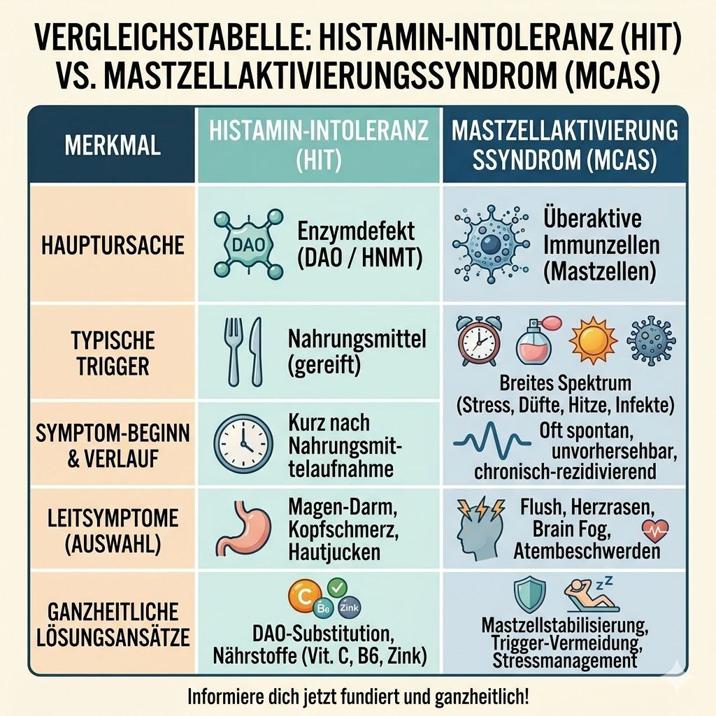 Tabelle Merkmale Histaminintoleranz vs. Mastzellaktivierungssyndrom