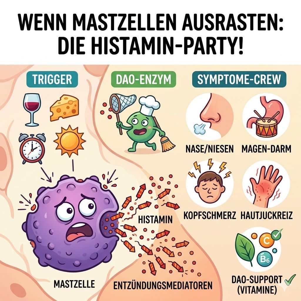 Eine Karikatur einer Mastzelle im Alarmmodus, die unkontrolliert Botenstoffe ausschüttet