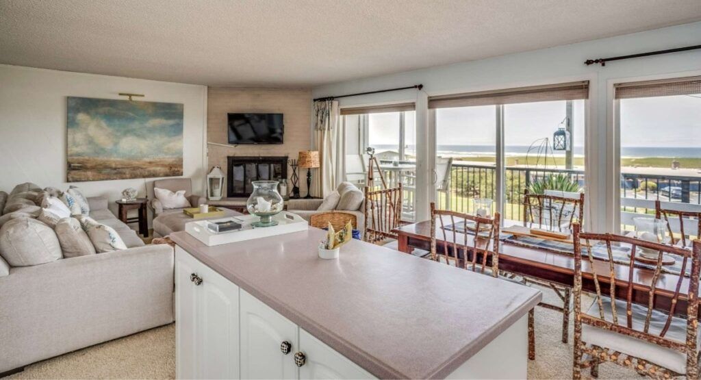 Gearhart by the Sea vacation rental living area with panoramic Oregon Coast ocean views