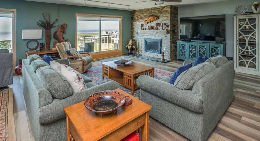 Comfortable living area with ocean views at a Gearhart by the Sea family vacation rental