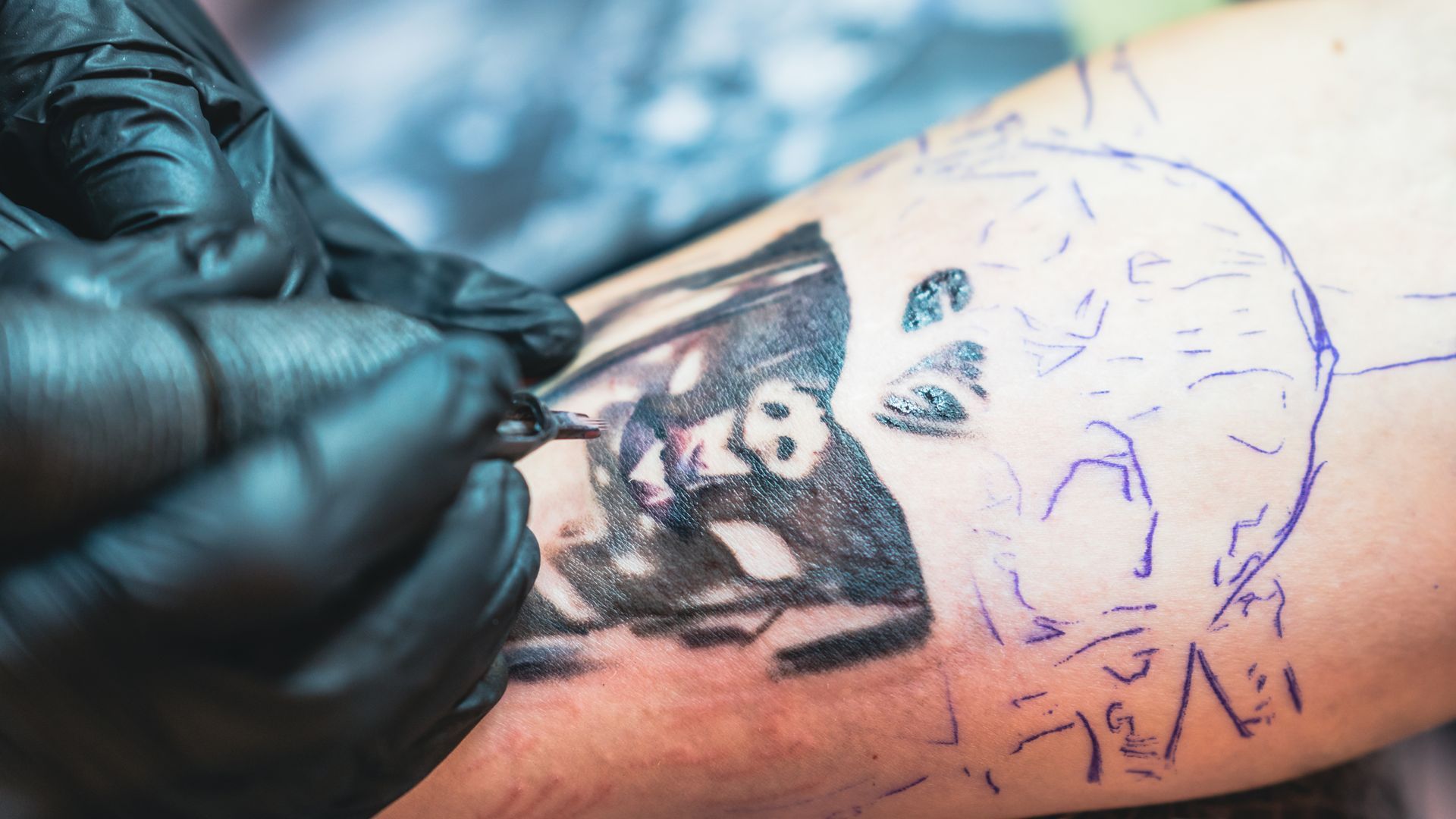 Tatuador con guantes negros, tatuando un diseño de panda en el brazo de una persona.